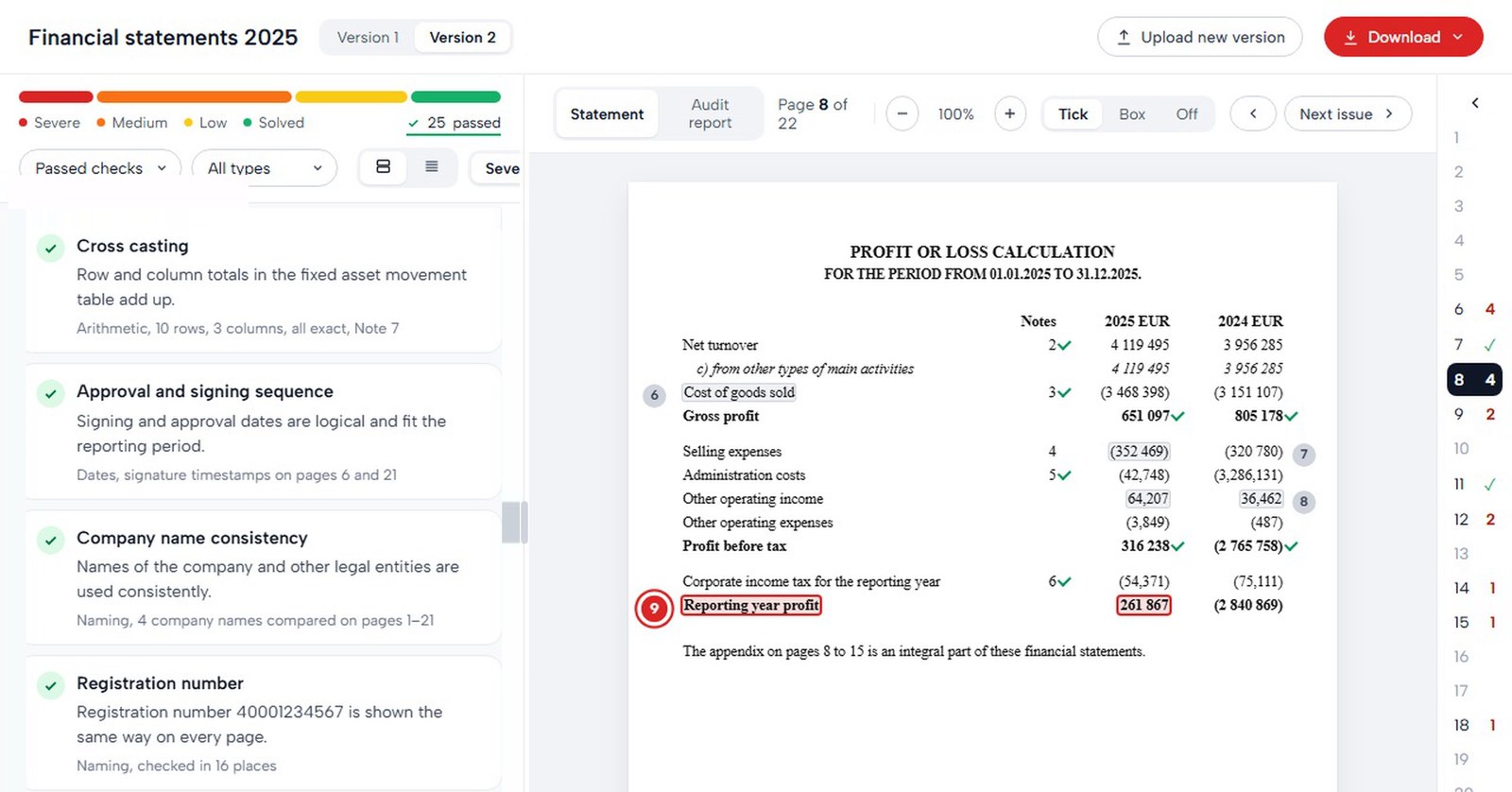 Financial Statement Manager: the passed checks on the left and the profit or loss page with a tick beside every figure that ties out