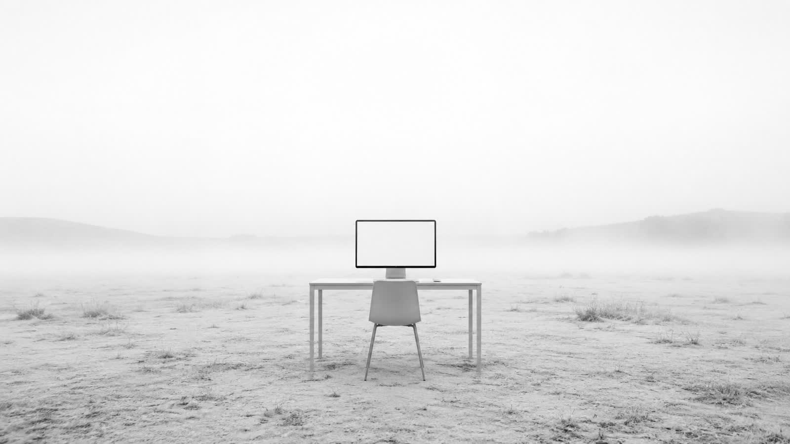 A desk and a single monitor in a bright, misty field.